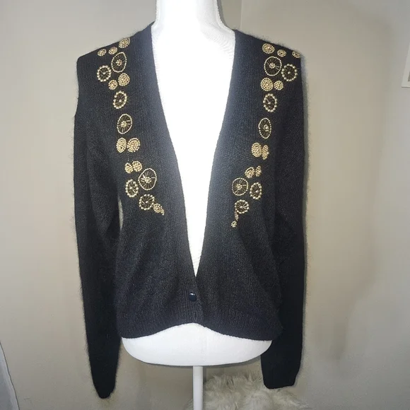 Vintage 1980s Cezanne Black Silk Angora Quiet Luxury Beaded Old Money Cardigan - Picture 4 of 16